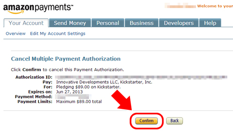 Amazon Payment（アメリカ）支払い認証のキャンセル確認画面